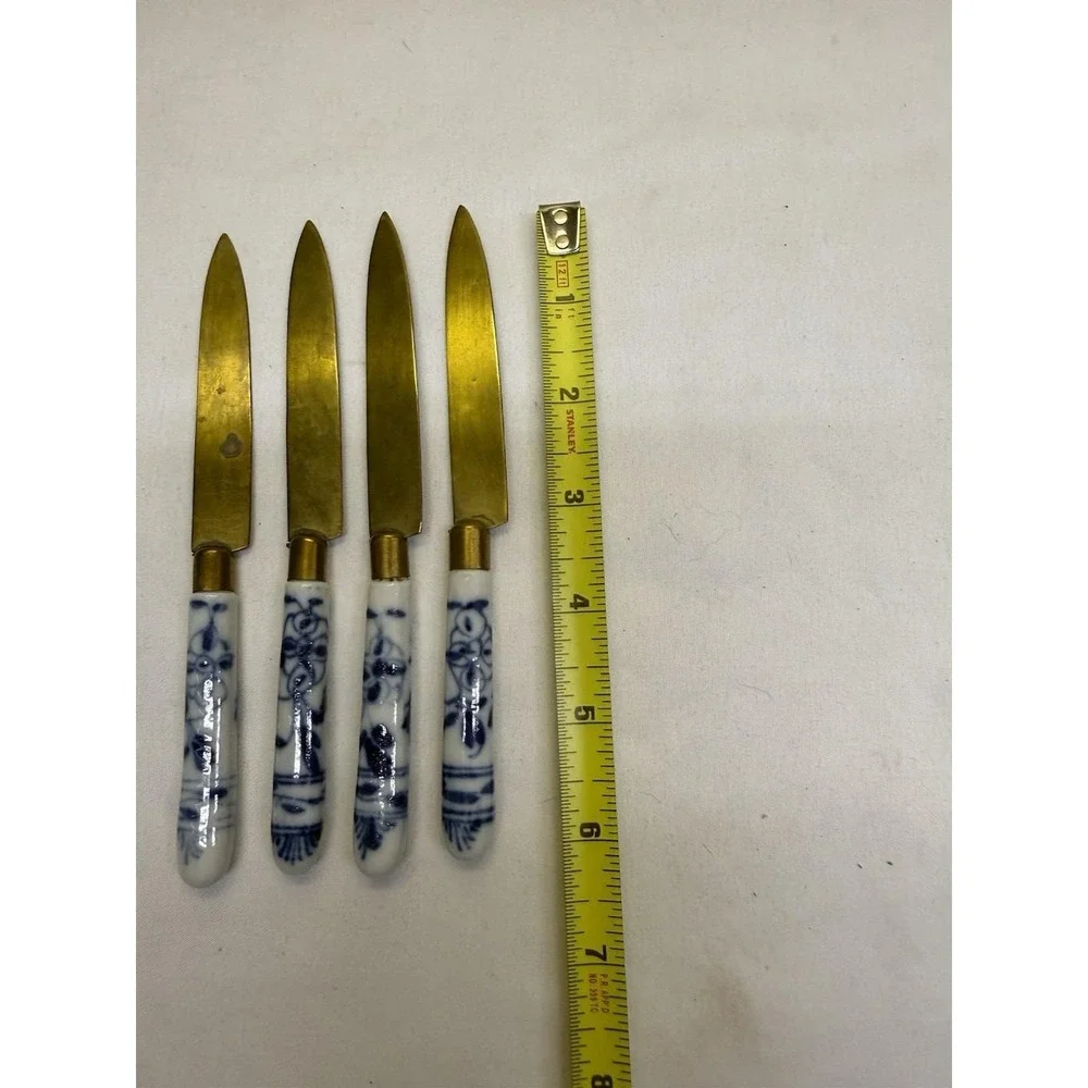 Antique Uchatius Bronce Germany Fruit Knives Set 4 Blue Onion Porcelain